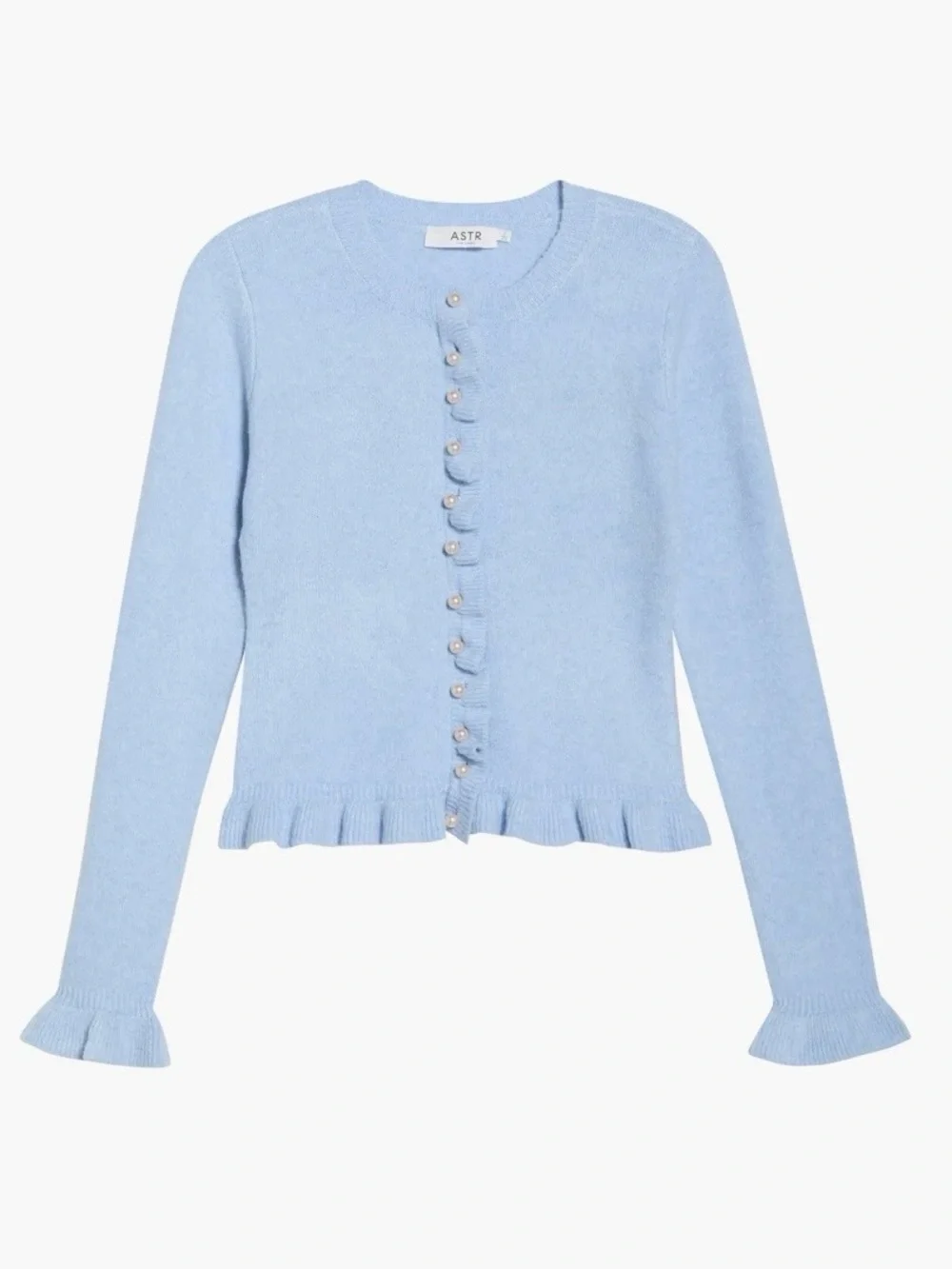 ASTR Sky Blue Eowyn Ruffle-Pearl Knit Cardigan